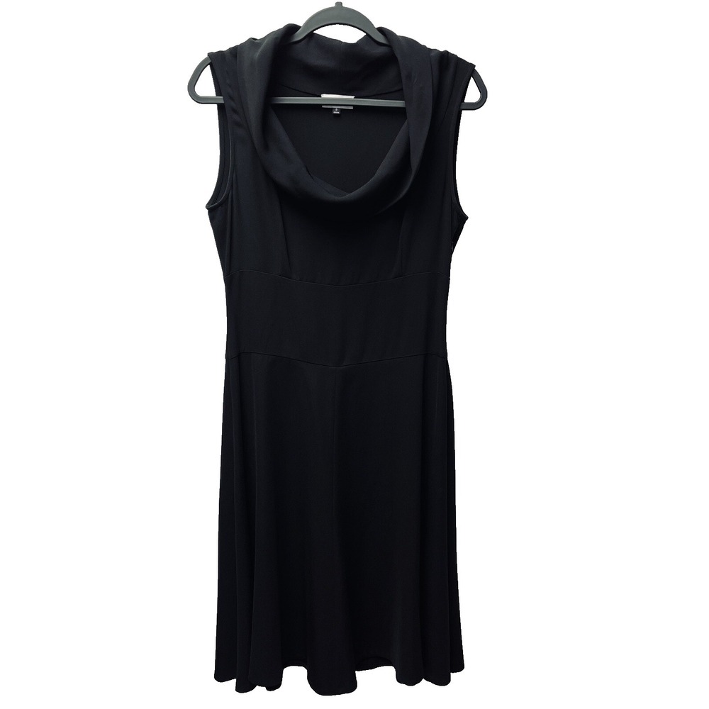 Tahari Arthur Levine 8 Black Fit Flare LBD Dress Cowl Drape Neck Cocktail 90s